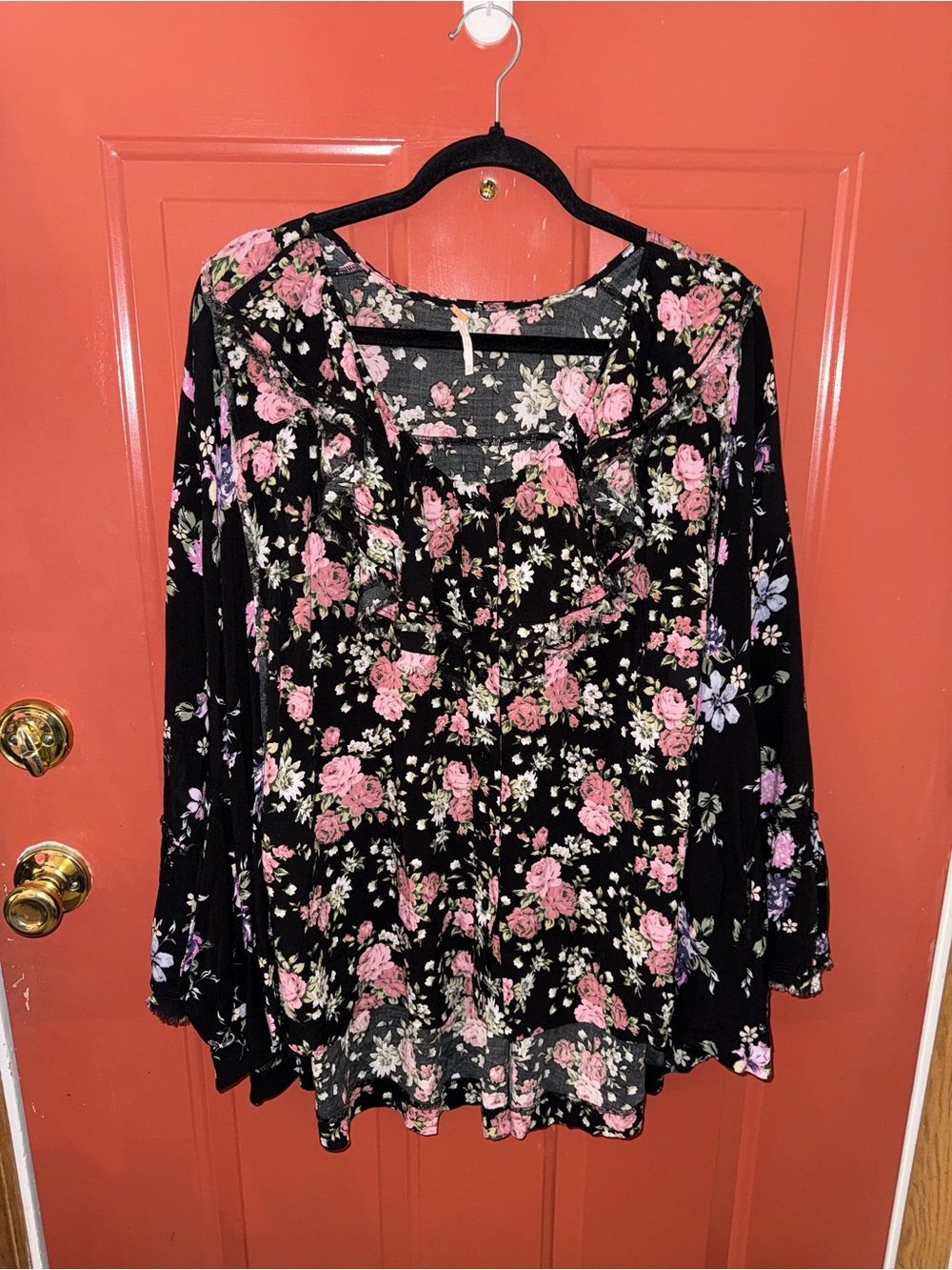 Free People Black Floral Long-Sleeve Blouse with Pink Roses